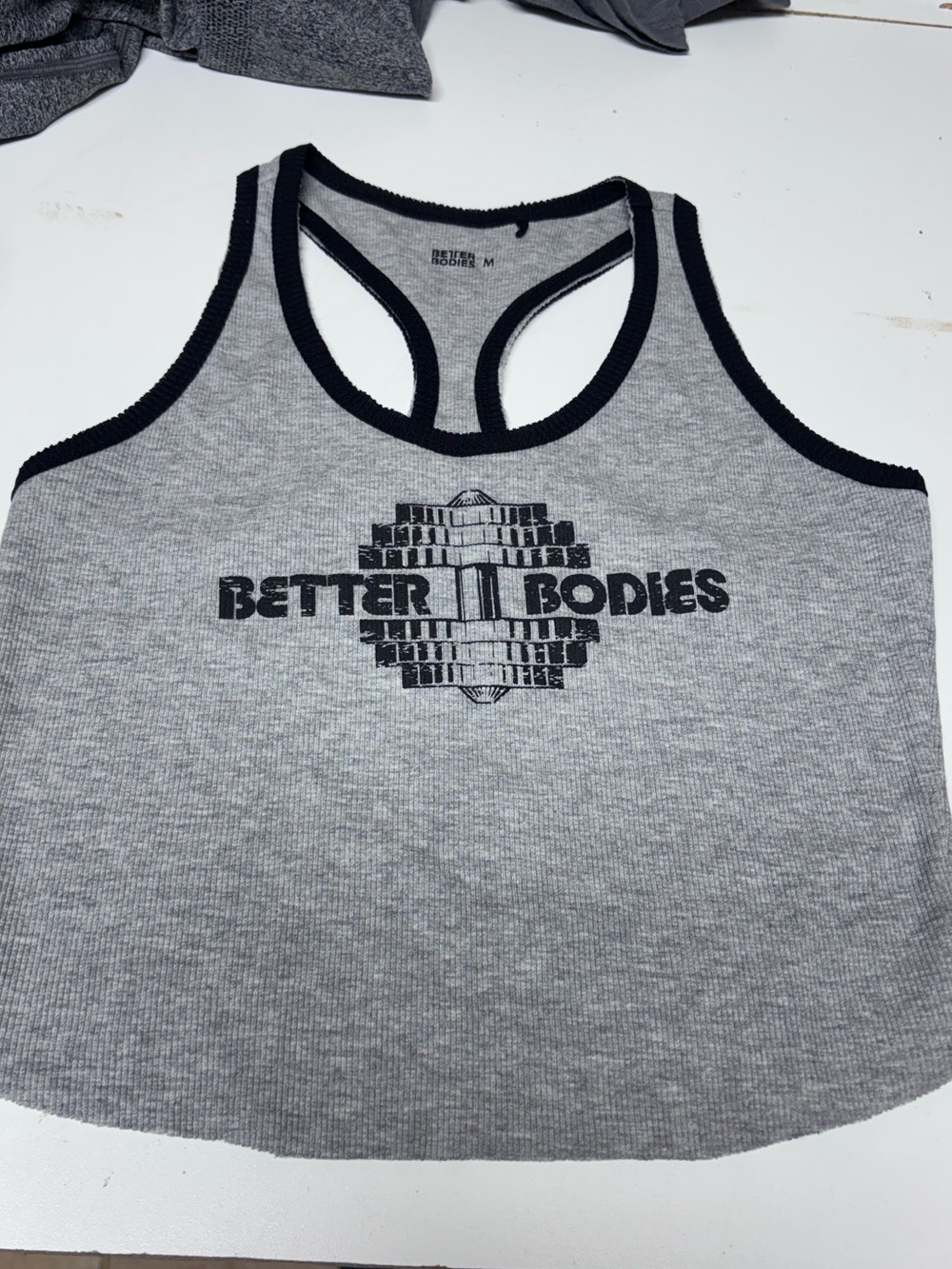 BETTER BODIES retro style Gray Ribbed Racerback Tank with Black Trim and Logo